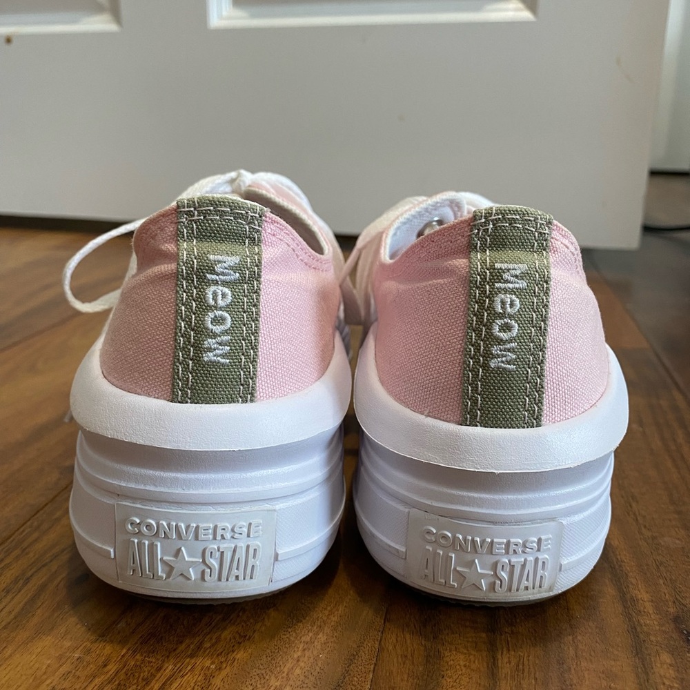 🐈 Custom Converse Move All Star shoes in pink, olive, and white w/Meow detail